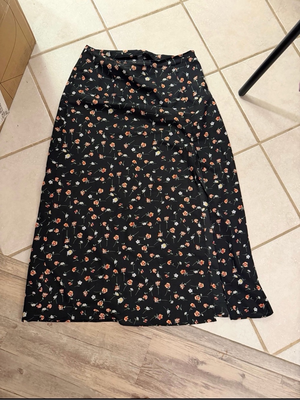SHEIN Black Midi Skirt with Pink and Orange Floral Print